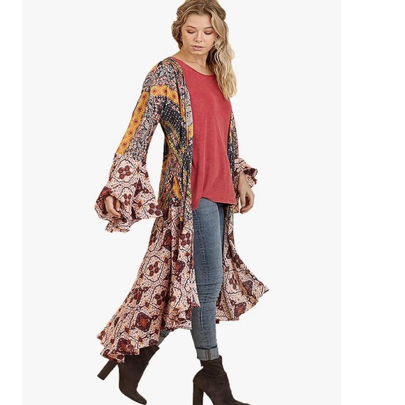 Umgee Tops - Umgee Long Duster Kimono Cardigan Boho Bohemian Ruffle Bell Sleeve